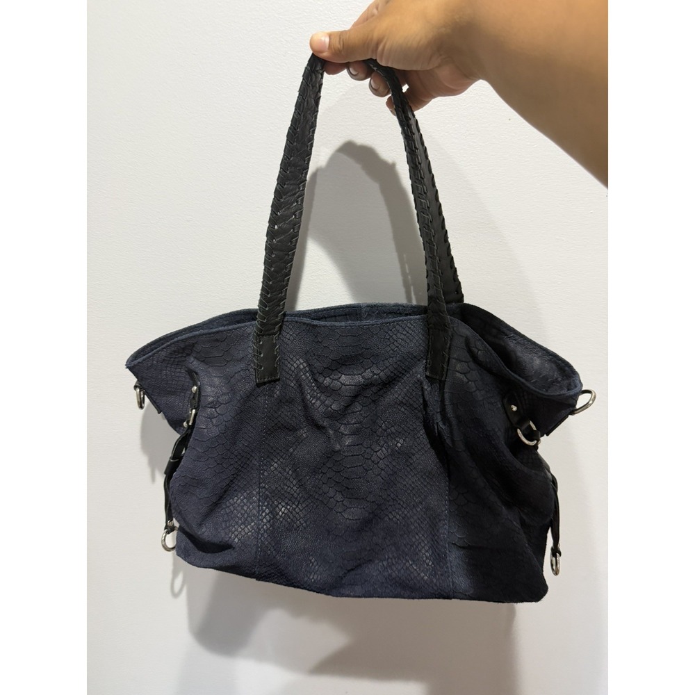 Genuine Leather Tote Shoulder Bag Blue BOHO HOBO  Exotic python snake print M